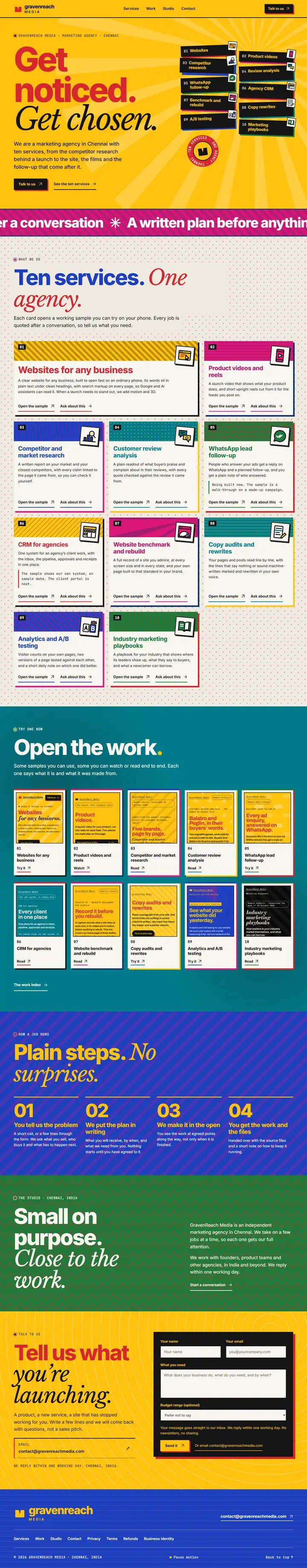 The new home page at laptop width, shown at half size: yellow, pale, teal, green and blue sections in turn.