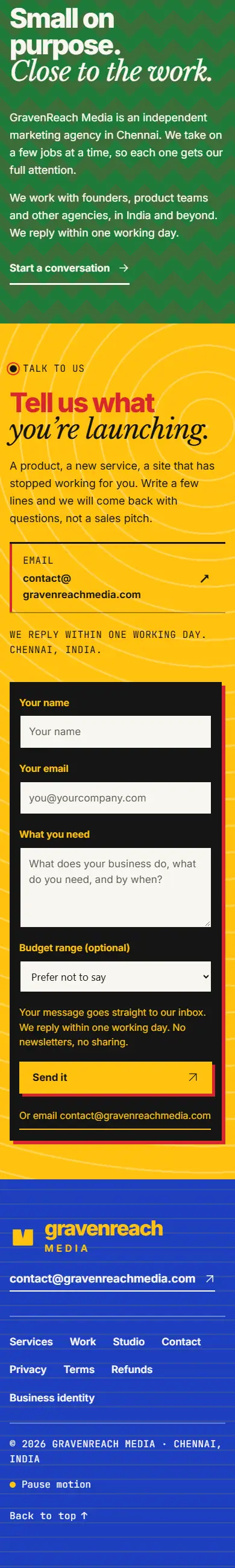 Last quarter: the studio note, contact form and footer.