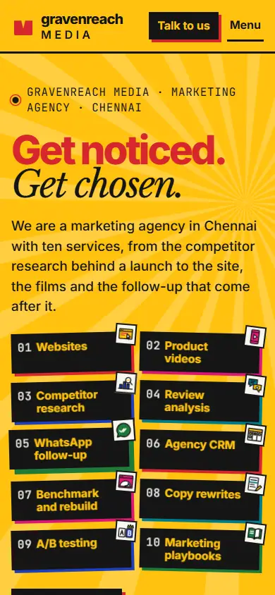 After, top of page: yellow hero, Get noticed, Get chosen, with the Talk to us button.