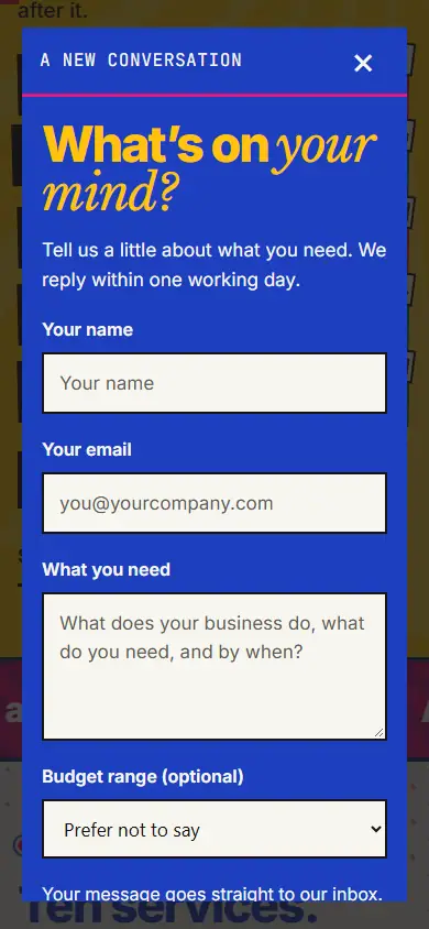 After, after tapping Talk to us: a blue enquiry form asking for name, email and what you need.