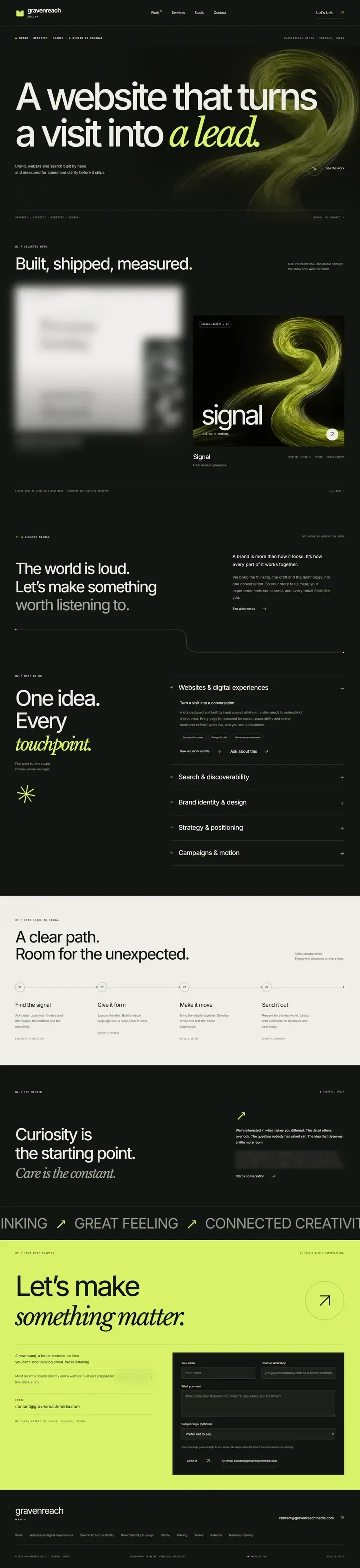 The old home page at laptop width, shown at half size: dark sections from hero to footer.