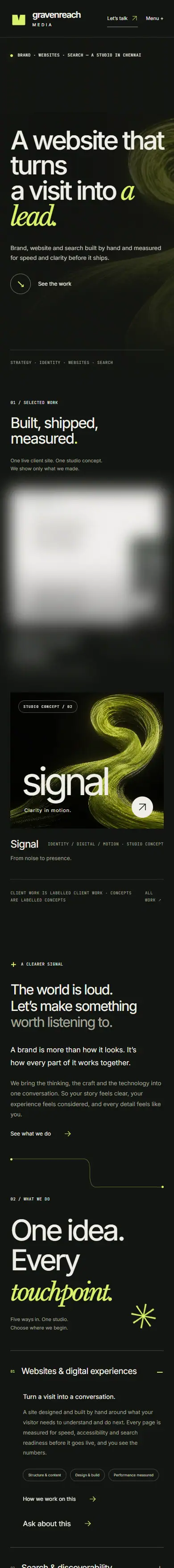 The old home page at phone width, top half: a dark page with a pale green swirl, headline A website that turns a visit into a lead, then selected work.