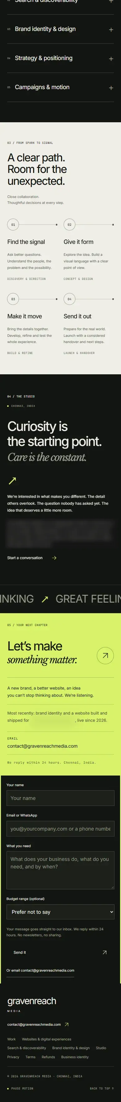 The old home page at phone width, bottom half: process steps, studio note, contact form and footer on dark grounds.