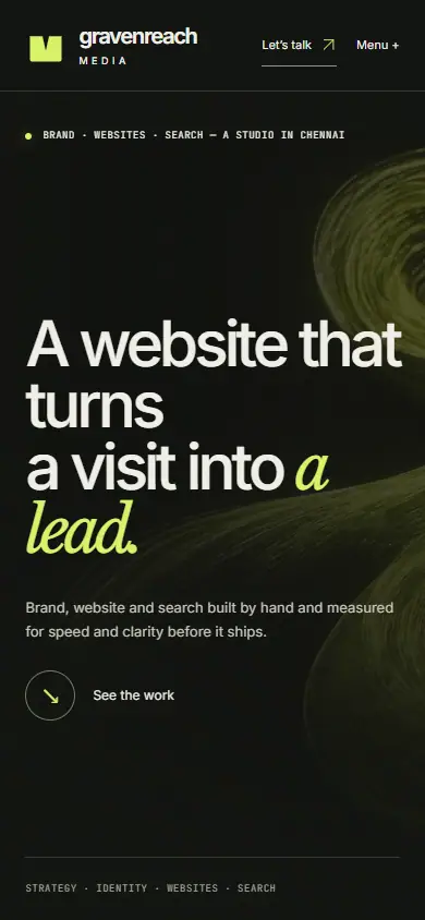 Before, top of page: dark hero with the headline about a website turning a visit into a lead.