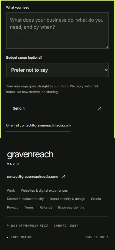 Before, bottom: contact form and footer.