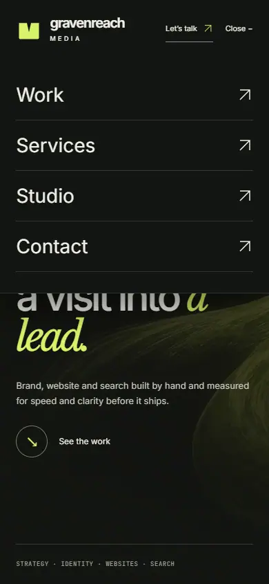 Before, menu open: Work, Services, Studio, Contact on a dark panel.
