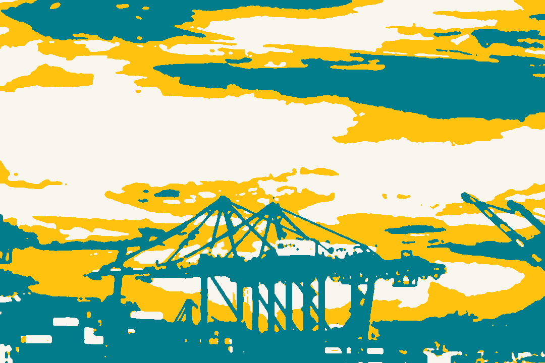 Cranes and stacked shipping containers at a port.