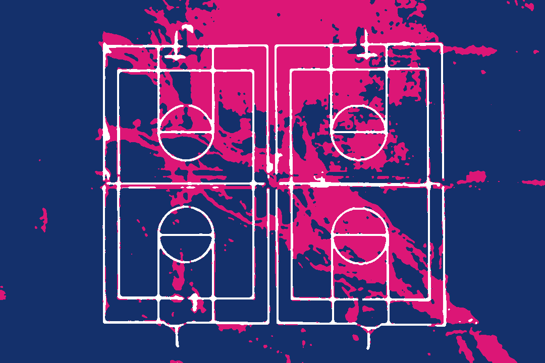 Chalk diagrams of basketball courts on a blackboard.