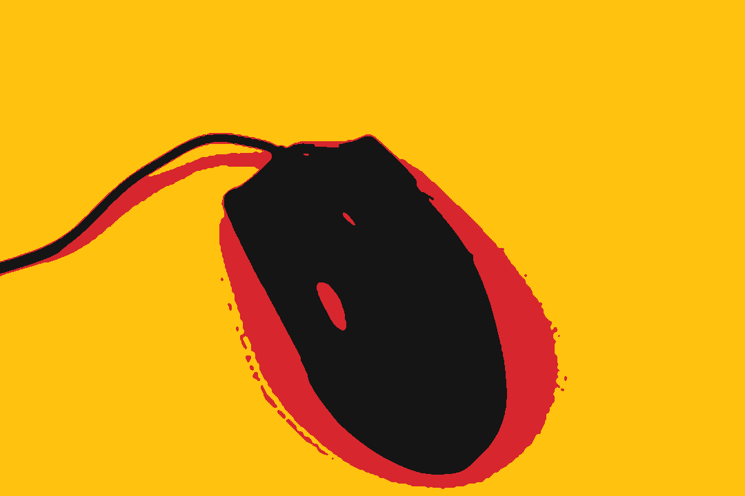 A black computer mouse and its cable on a plain surface.
