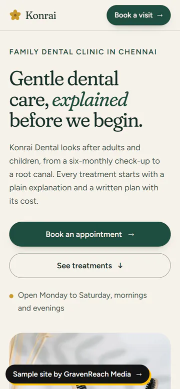 The Konrai Dental sample site on a phone