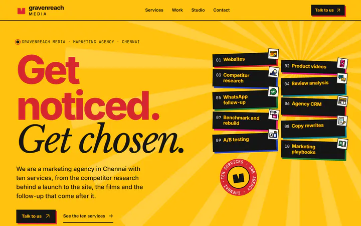 The GravenReach Media home page's first screen on a desktop