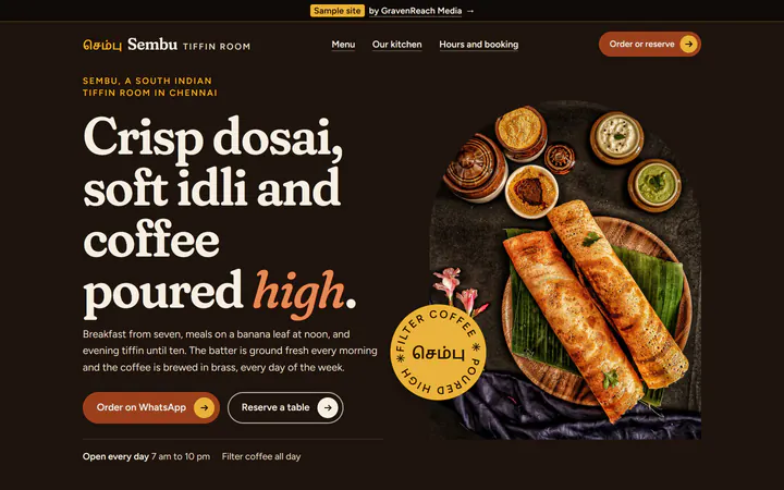 The Sembu Tiffin Room sample site's first screen on a desktop